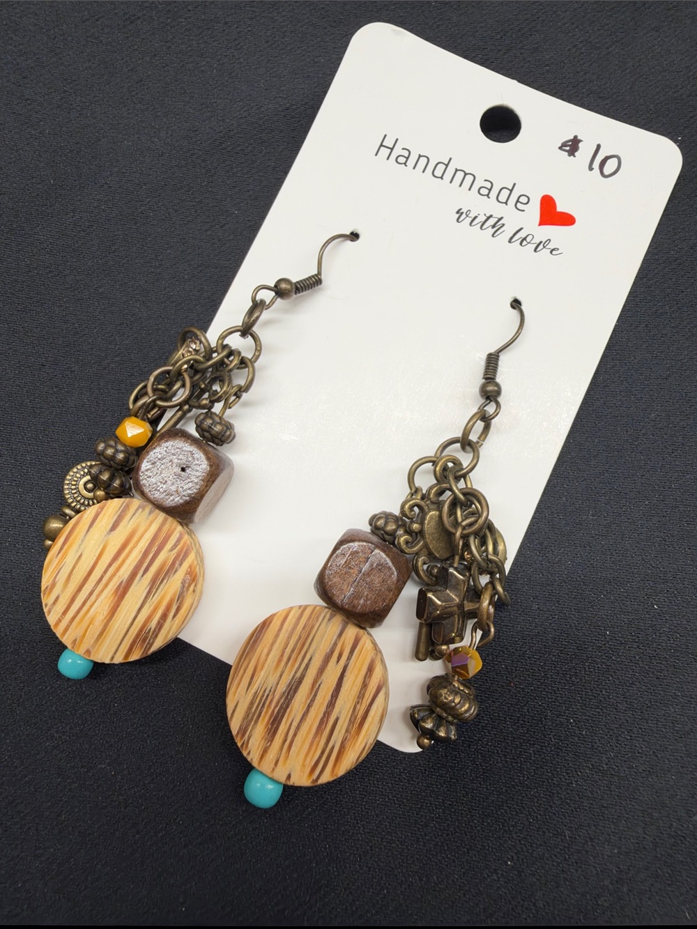 Handmade-Beaded Charm Earrings-Brown and Turquoise